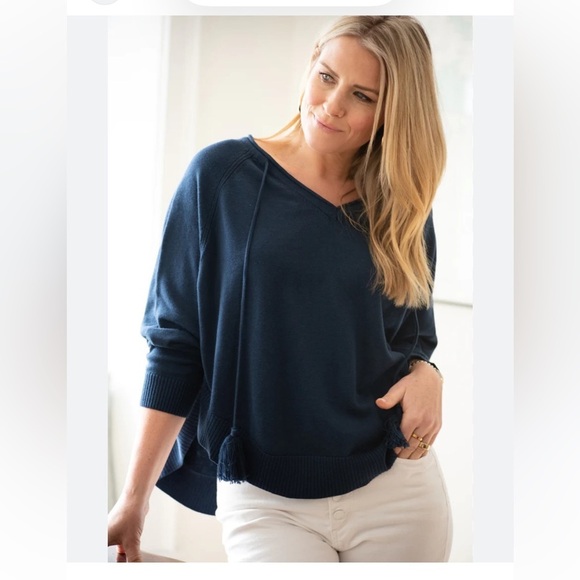 BURGESS The Tess Poncho Sweater | Hello Sailor Navy Blue V-neck Tassel Tie - Picture 1 of 7
